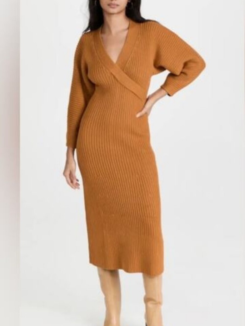 Mara Hoffman Ribbed Wrap Midi Dress - Camel Brown